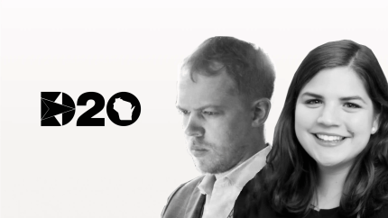 Poster with D20 logo and images of Andrew Binns & Hannah Flom
