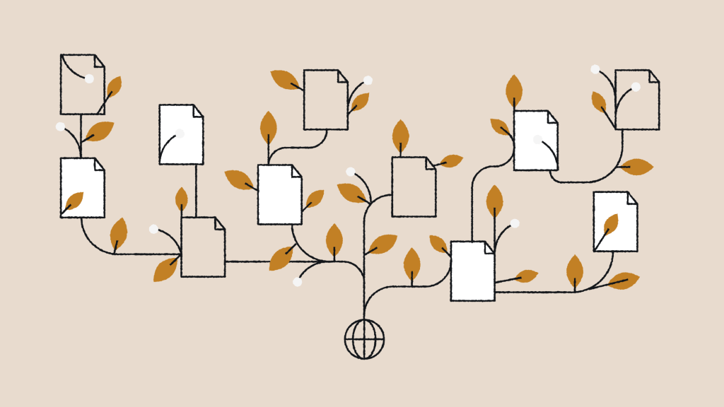 Illustration of a branching content tree with document icons growing from a central root, representing who needs enterprise content management across teams, use cases, and organizations as content scales and spreads.