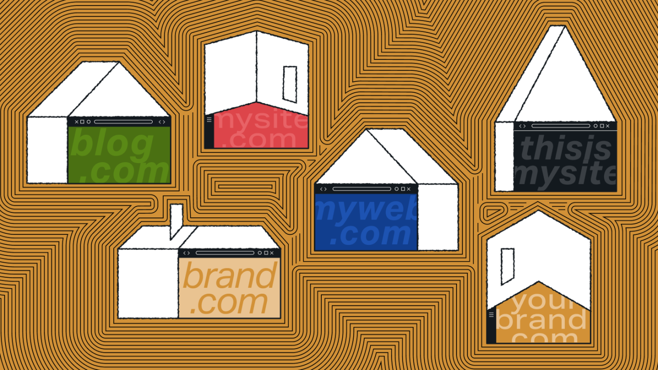 Six house-shaped outlines with colored website URLs representing digital solution integration or site management.