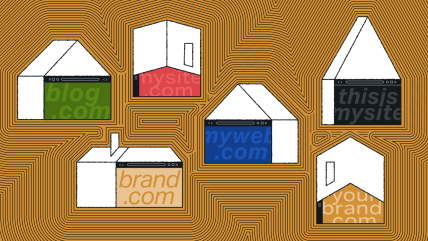 Six house-shaped outlines with colored website URLs representing digital solution integration or site management.