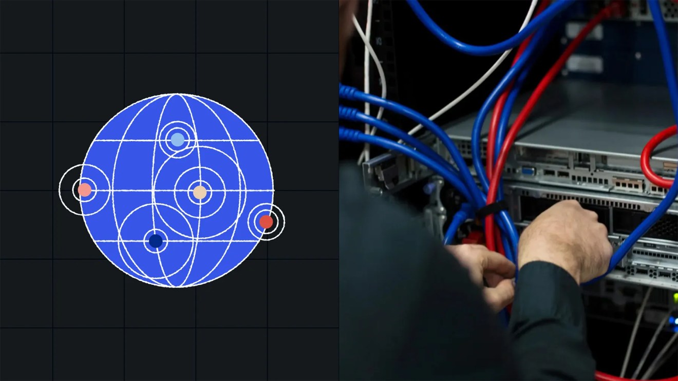 A blue globe diagram on the left; hands connect network cables to servers on the right, illustrating wordpress cdn integration.