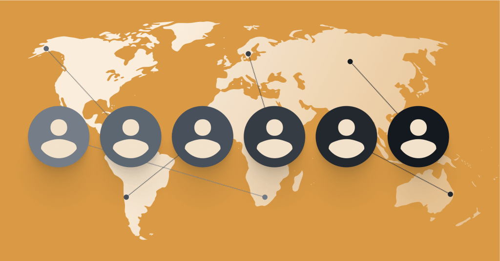 People icons networked over world map, representing global content collaboration for a digital solution.