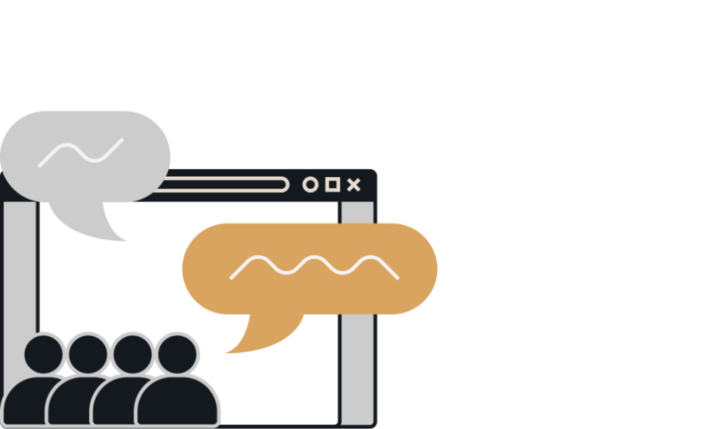 A browser window with speech bubbles above an audience, representing virtual meetings or discussions.