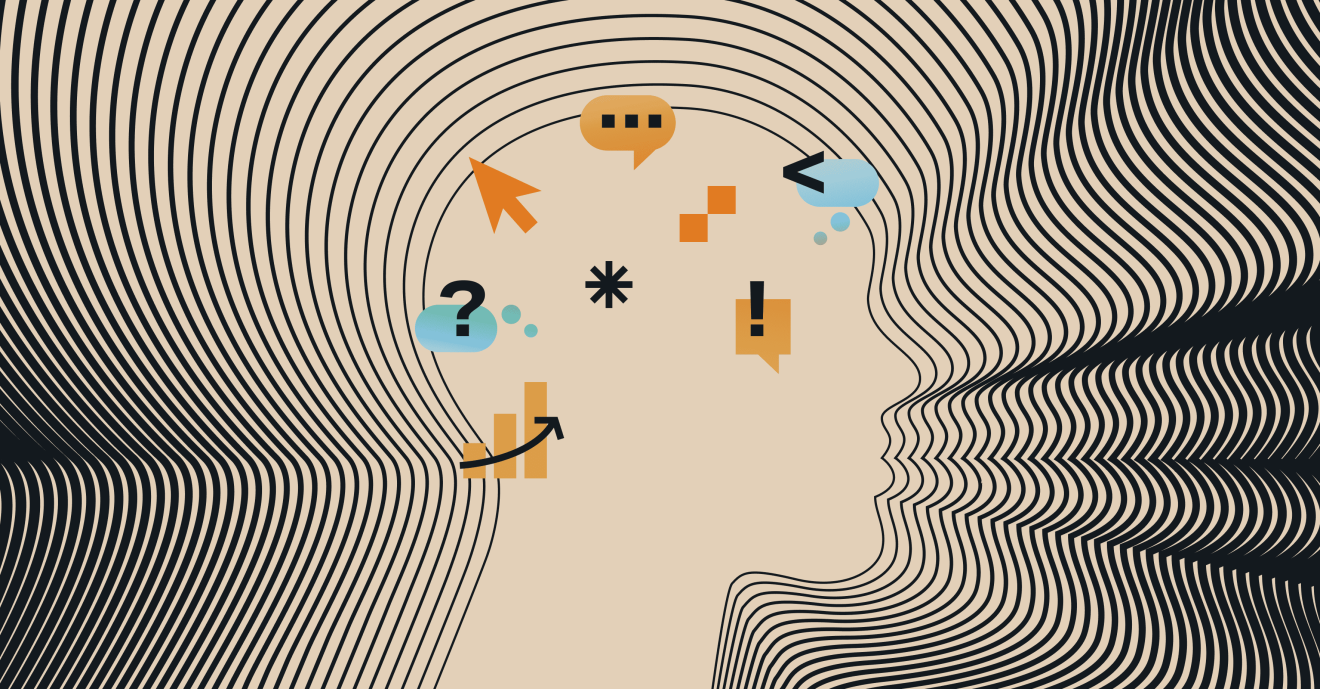 Abstract illustration of a head silhouette with data icons, representing digital solution analytics and content management.