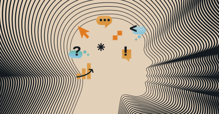 Abstract illustration of a head silhouette with data icons, representing digital solution analytics and content management.