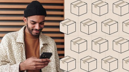 Man smiling at his phone next to a grid of illustrated cardboard boxes on a beige background, representing the efficiency of an enterprise ecommerce platform.