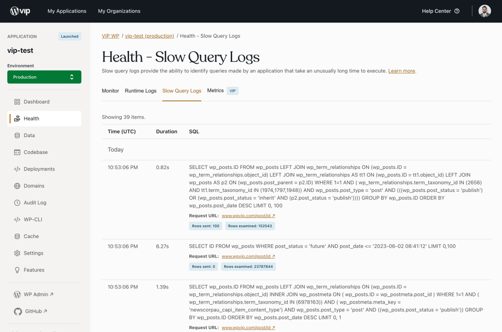 Screenshot displaying the health and slow query logs page, showcasing system performance