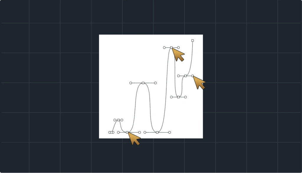 Illustration of a vector editing workspace with adjustable curves, anchor points, and cursor controls, representing enterprise CMS customization and configuration.