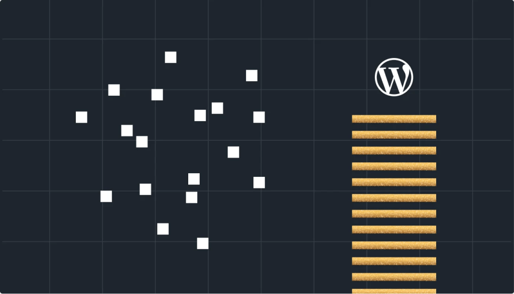 Collection of floating content blocks positioned beside a layered WordPress platform stack, showing content organized across different architectural models.