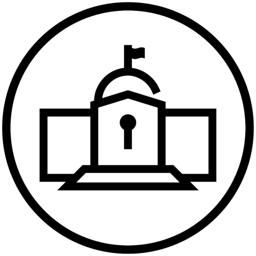 Government building icon with keyhole, representing security governance in a digital solution.