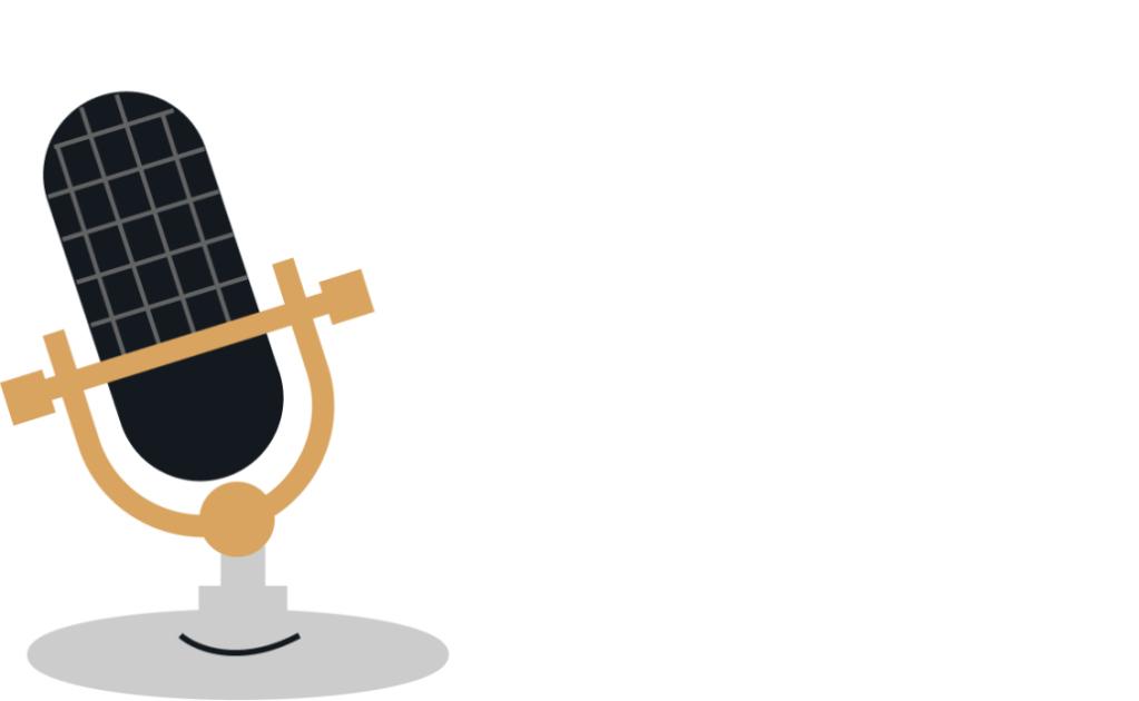A vintage-style microphone with a gold frame and black mesh, representing podcasting or audio content.