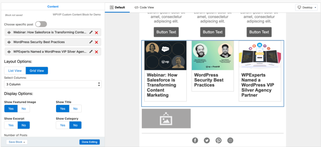 WordPress editor displaying a 3-column blog grid with layout and display settings for content management.