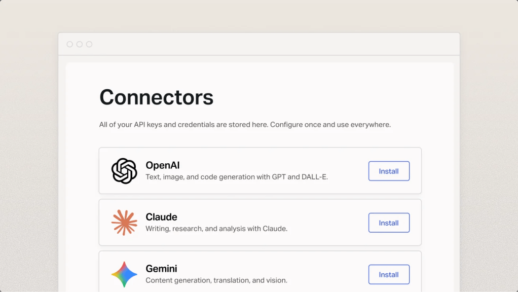 Web interface showing available AI connectors, including OpenAI, Claude, and Gemini.