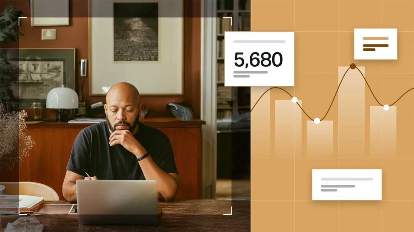 Man reviewing website performance data on a laptop, with overlaid charts and a 5,680 pageviews metric illustrating web analytics insights.