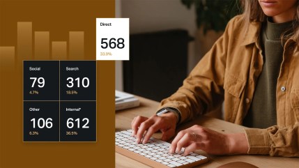 Person typing on a wireless keyboard at a wooden desk, overlaid with analytics data showing sources of web traffic: Social, Search, Other, Internal, and Direct—highlighting "Direct" as the largest source. The layout features warm brown tones and bar chart graphics.
