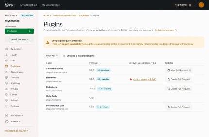WordPress VIP plugin dashboard displays five plugins, one flagged for critical security vulnerability risk.