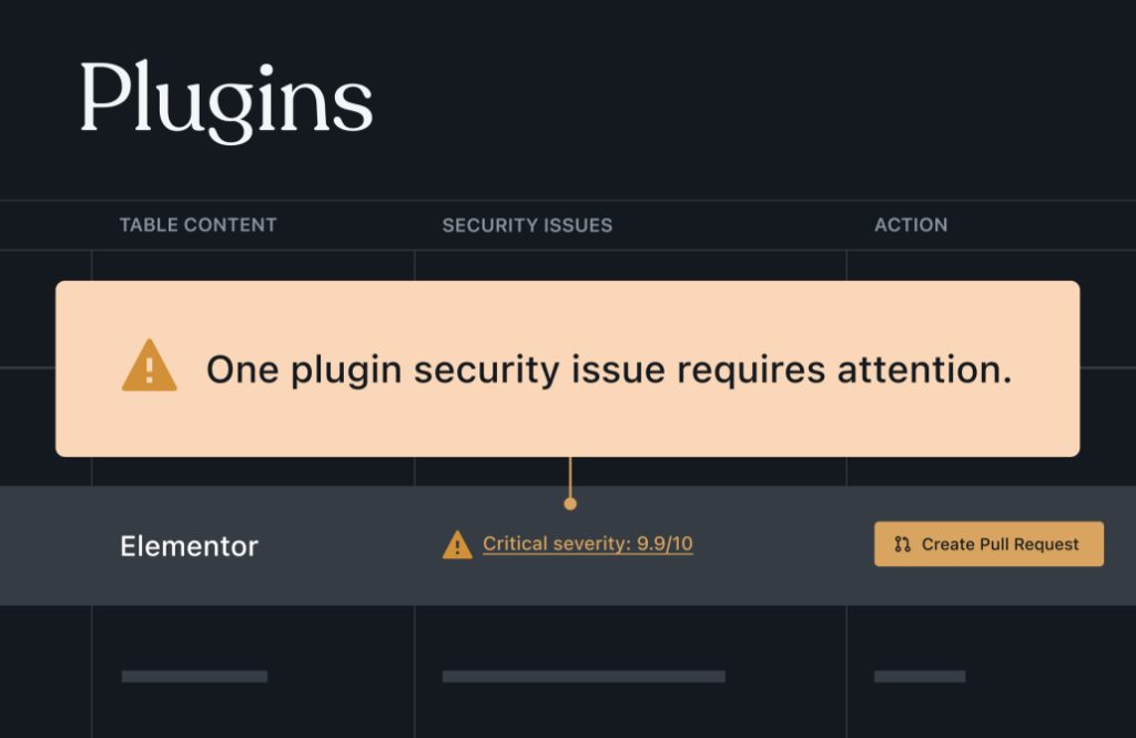 Plugins screenshot with a large text banner that reads "one plugin security issue requires attention."