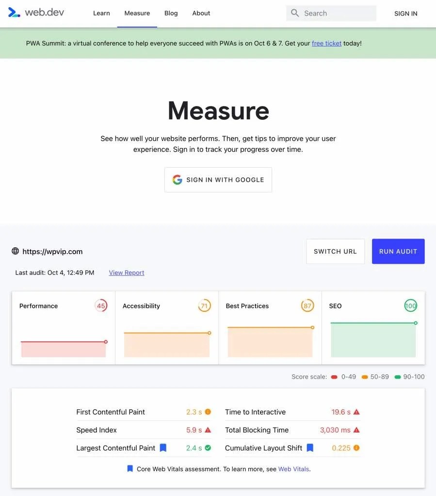 screenshot of core web vitals measurement page