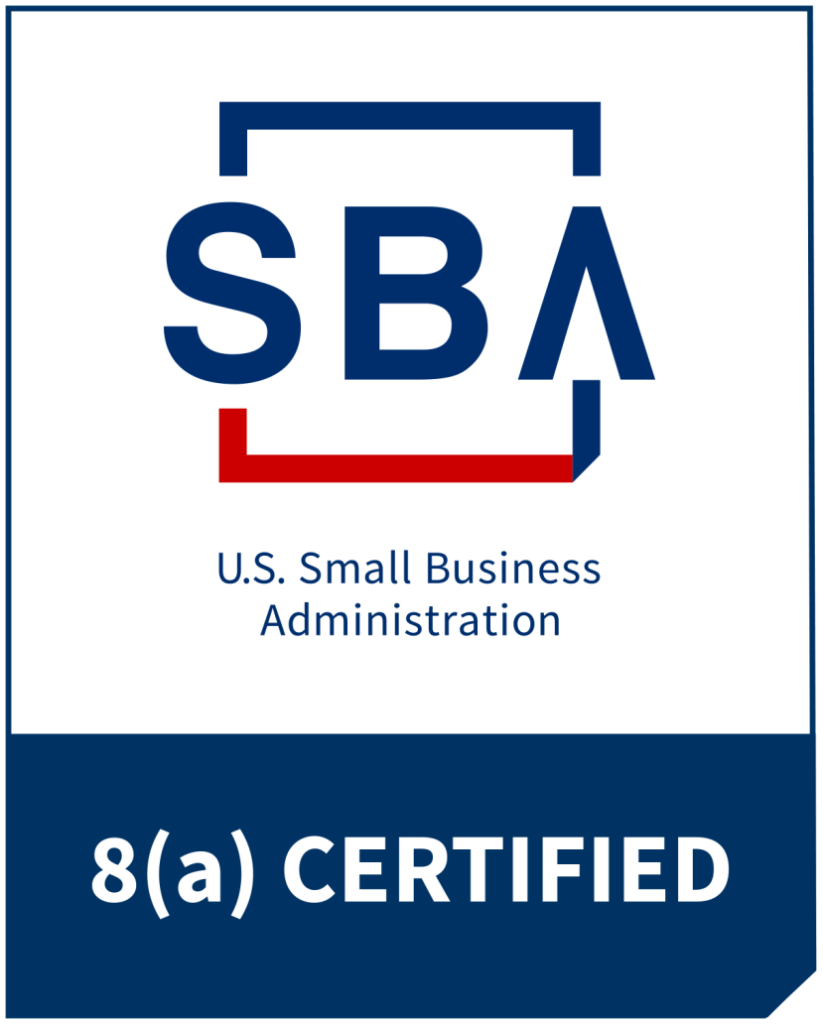 SBA logo with U.S. Small Business Administration 8(a) Certified, digital solution integration badge.