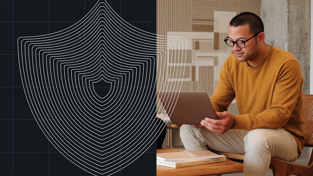 Man in glasses using a laptop, with an abstract shield design symbolizing WordPress Security on a dark background beside him.