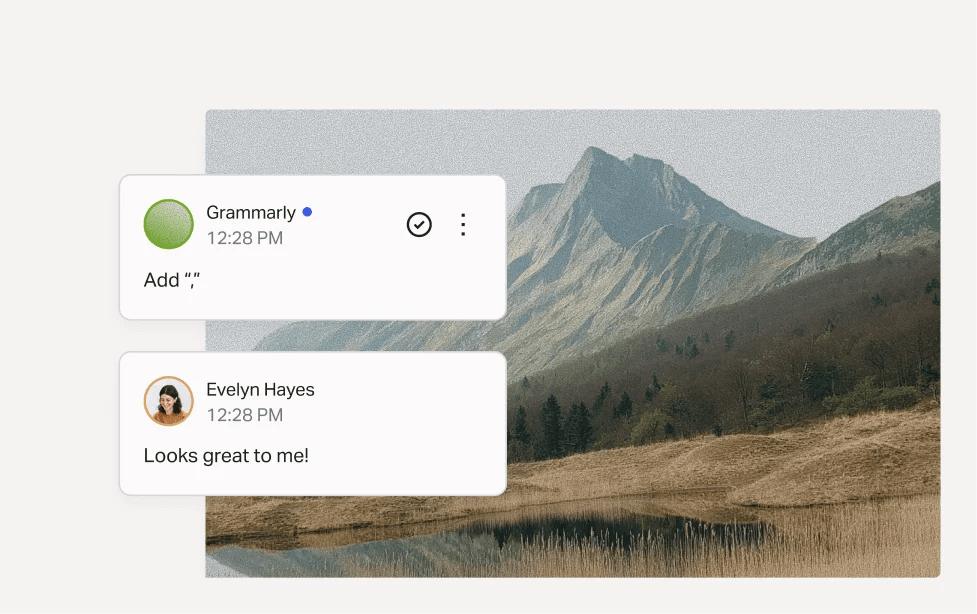 Mountain landscape with a lake in the foreground, overlaid by two comment cards. One card shows a Grammarly suggestion reading “Add ‘,’” and the other shows a user comment saying “Looks great to me!”.