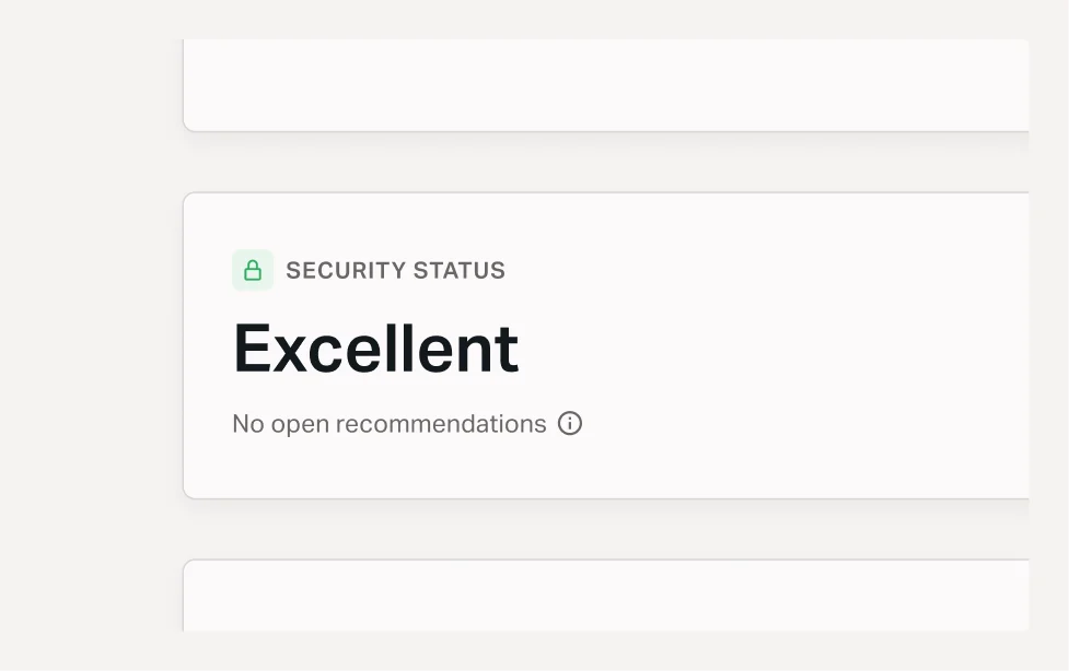 Dashboard card displaying a security status of “Excellent” with a lock icon and the message “No open recommendations.”