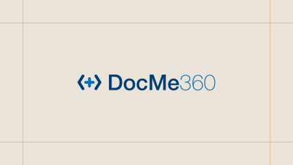 DocMe360 logo with blue text and a bracket-like symbol on a beige background with thin orange lines.