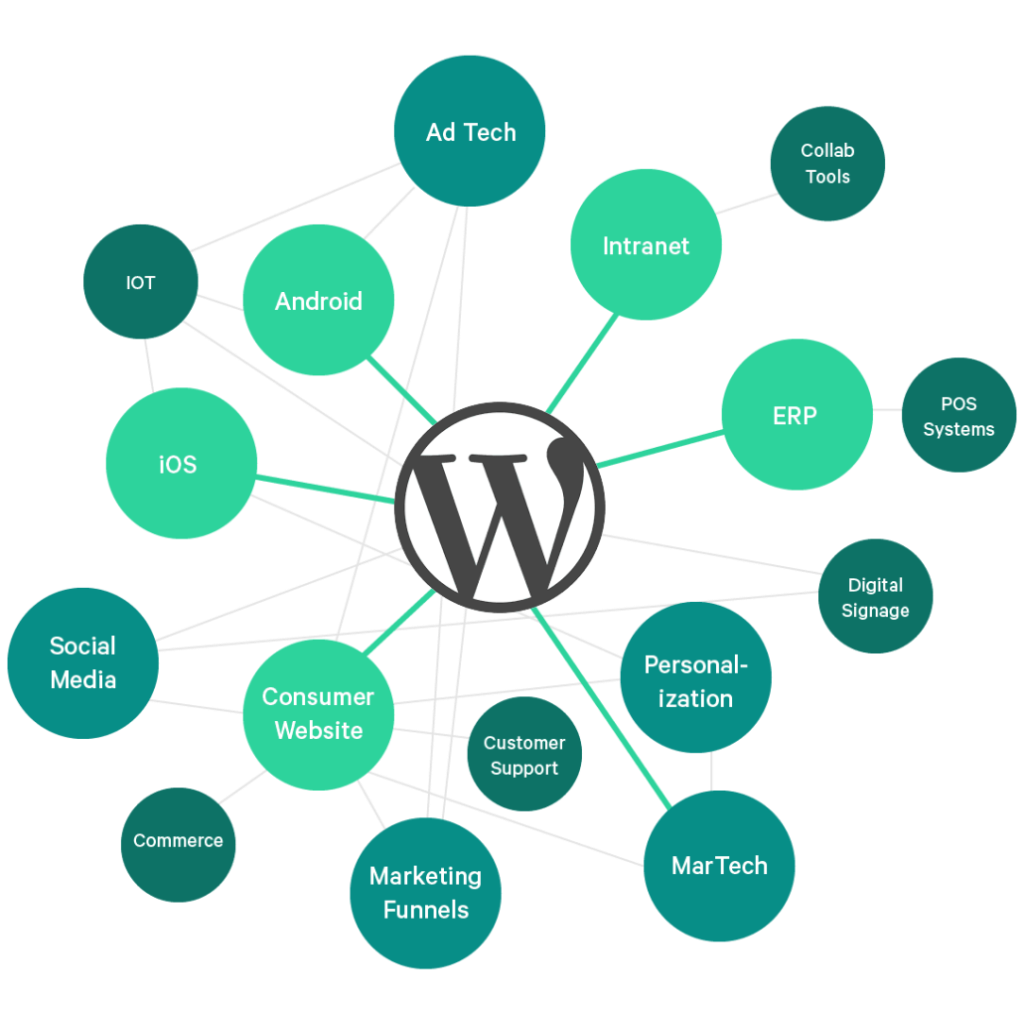 WordPress at the center of a diagram, linking content integration and marketing workflow terms in green circles.