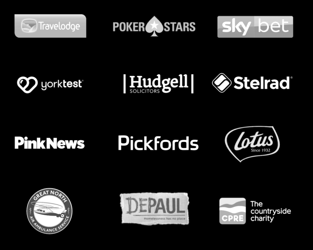 Twelve business and charity logos representing digital solution integration for publishing and content management.