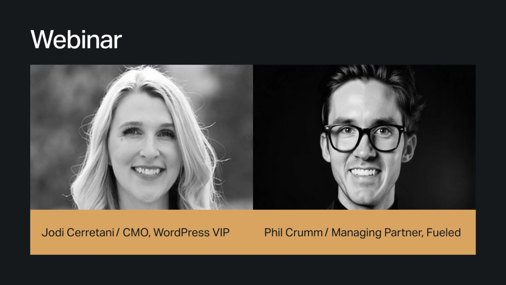 Two webinar speakers: Jodi Cerretani and Phil Crumm, shown in black-and-white headshots with titles, share insights on the Future of the Web 2026.