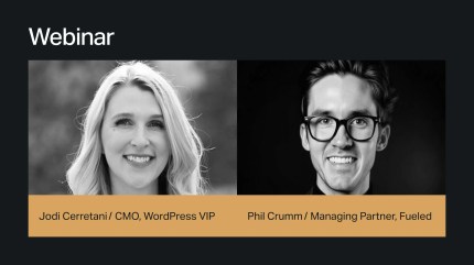 Two webinar speakers: Jodi Cerretani and Phil Crumm, shown in black-and-white headshots with titles, share insights on the Future of the Web 2026.