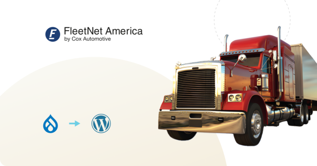 Red semi-truck with FleetNet America and Cox Automotive logos, highlighting digital solution integration with Drupal and WordPress.