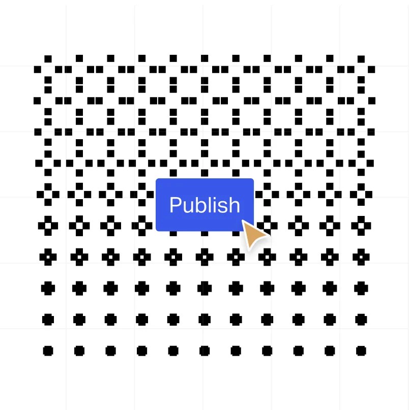 Illustration of a publish button over a grid of geometric dot and cross patterns.