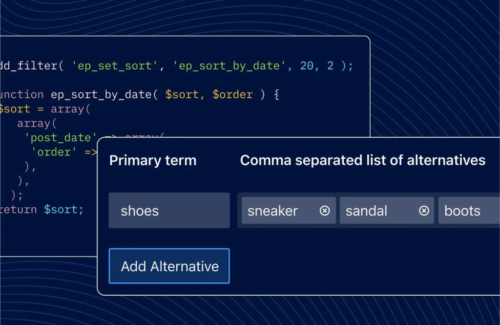 Form interface for adding alternative terms over code, supporting content publishing in a digital solution.