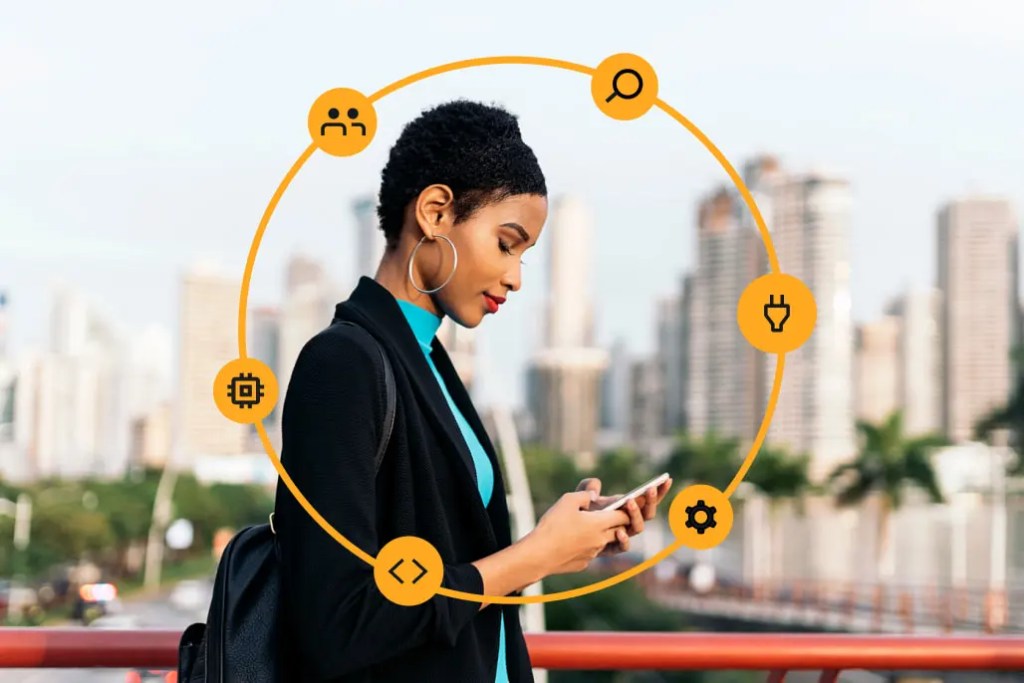 Woman interacts with phone, digital solution icons highlight mobile content and integration on the go.
