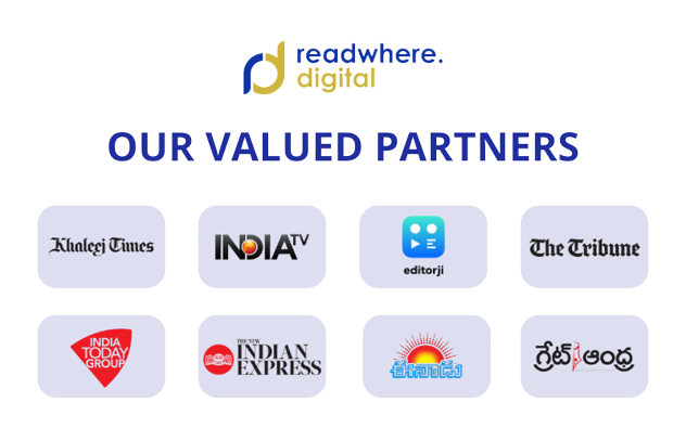 Readwhere Digital partner logos showing publishing integration with digital solution content platforms and editorial brands.