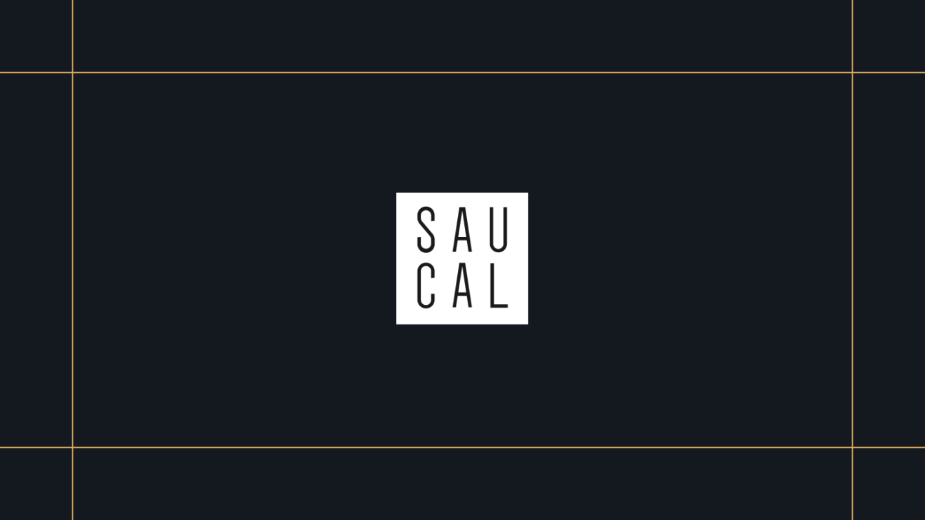 Sau Cal logo on a black background, framed by thin gold lines.