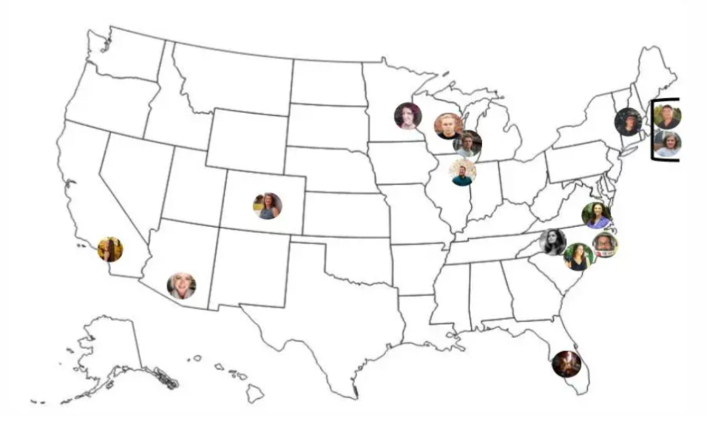 U.S. map with user profile photos in states, illustrating digital solution content team distribution.