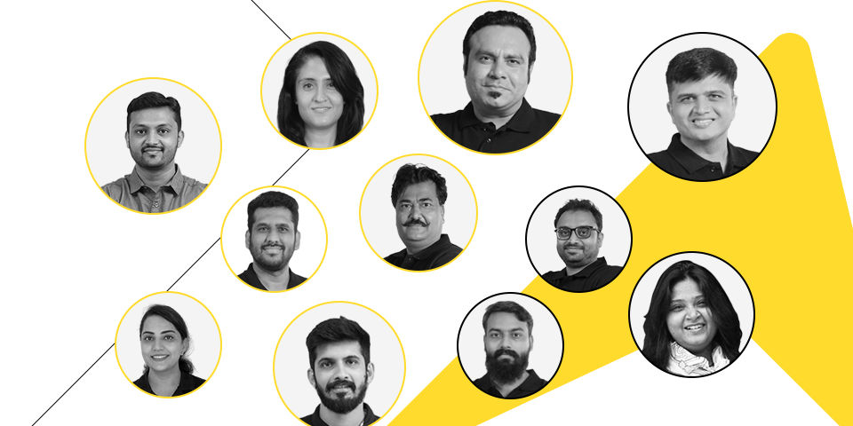 Collage of eleven team members’ headshots representing a digital solution’s editorial collaboration.