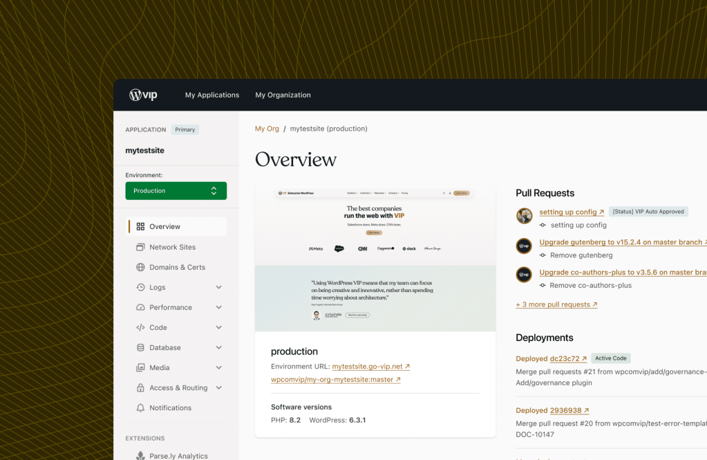 Digital solution dashboard displaying site overview, pull requests, and recent deployment activity for project mytestsite.