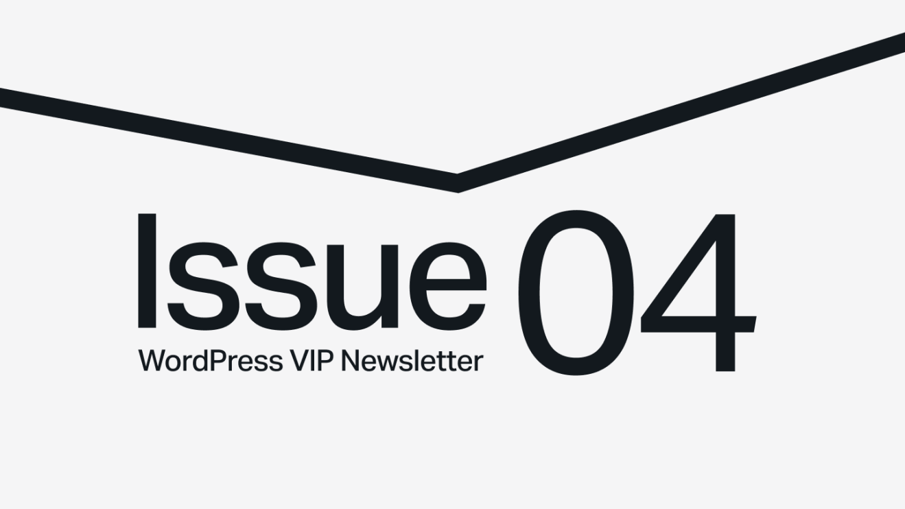 Text reads Issue 04, WordPress VIP Newsletter with a black chevron line above on a light background.