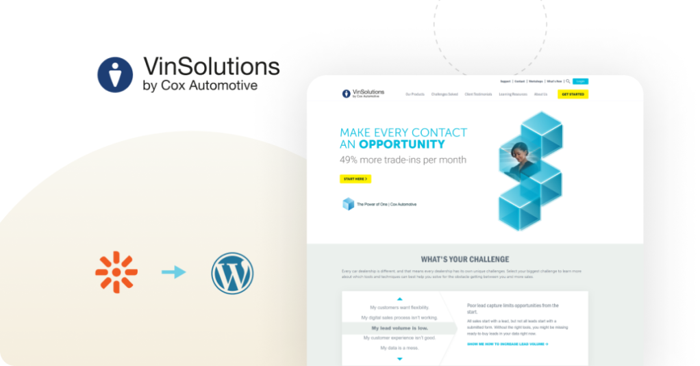 VinSolutions trade-in integration dashboard with geometric blue cubes, WordPress and Zapier logos visible.