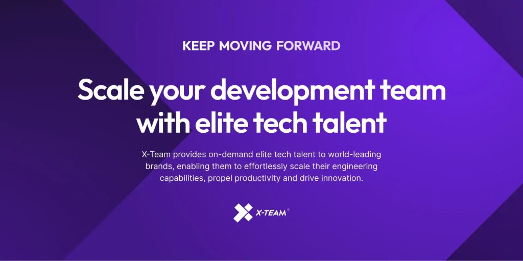 Purple graphic promoting team scaling for digital solution workflows with X-Team logo branding.