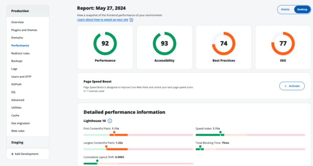 Performance reporting by WP Engine