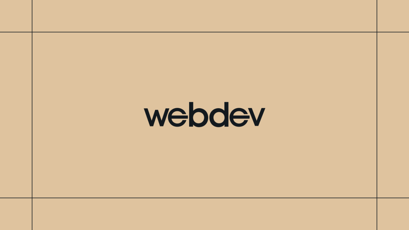 Webdev logo on a gold background, framed by thin black lines.