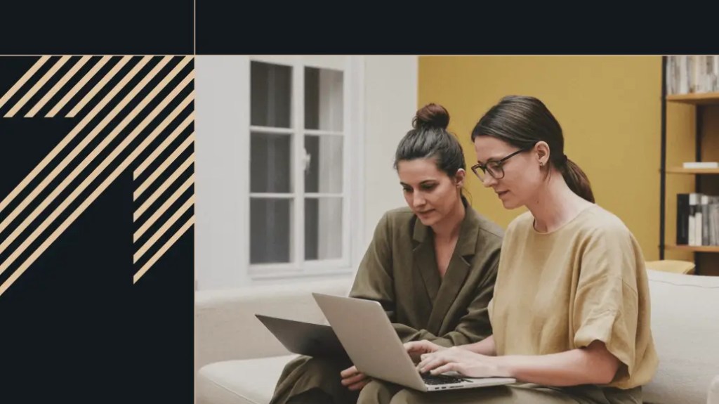 Two people working together on laptops, next to a graphic arrow indicating fast forward movement.