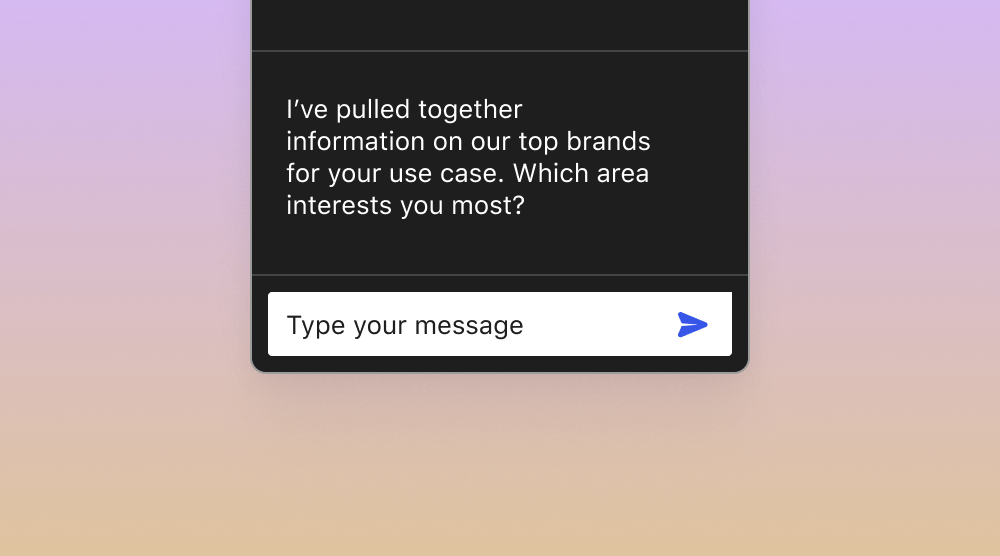 Chat interface on a gradient background with a message asking about areas of interest, representing AI-driven personalization through the WordPress VIP Agentforce Connector.