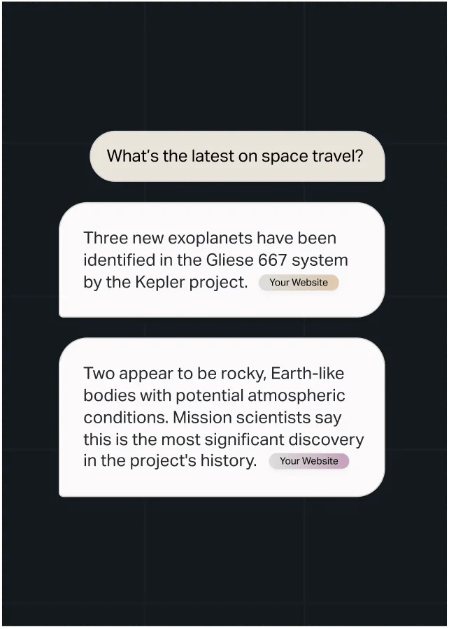 AI search interface displaying a user query with attributed responses linking back to a website as the information source.