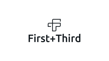 Minimalist logo with “First+Third” text and abstract geometric “F” above, on a light gray background.