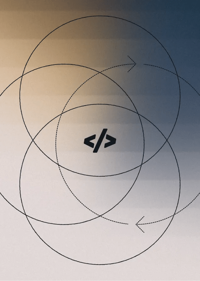 Illustration of overlapping circles with directional arrows surrounding a central code icon.